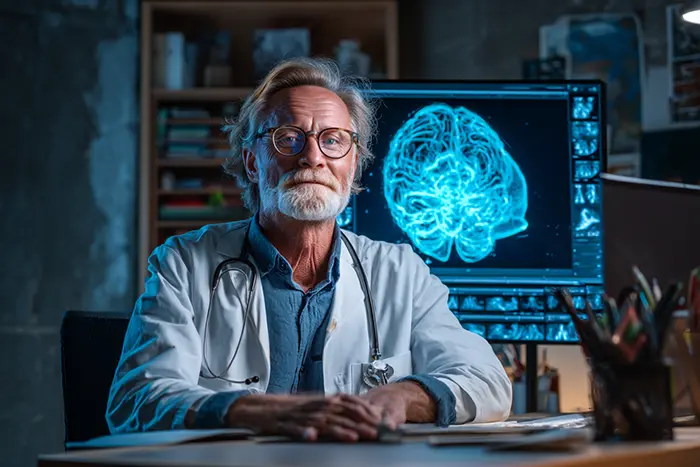 Determined scientist in his office