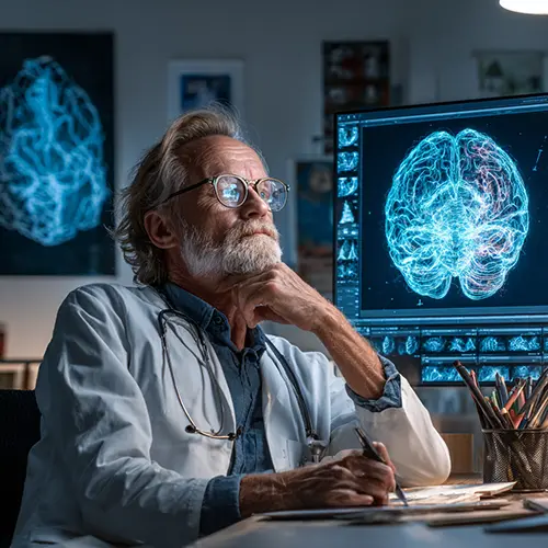 Determined scientist in his office
