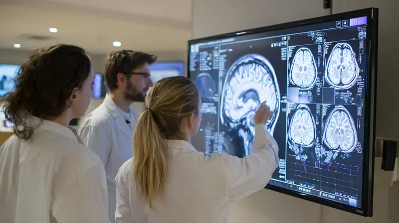 Research team looking at brain scans on a monitor