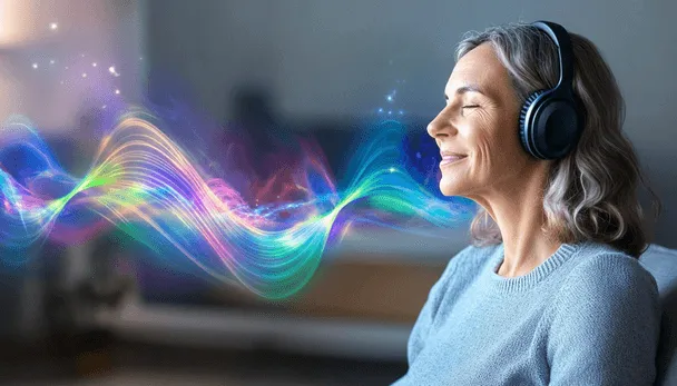 Woman relaxing on a couch with headphones