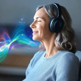 Woman relaxing on a couch with headphones